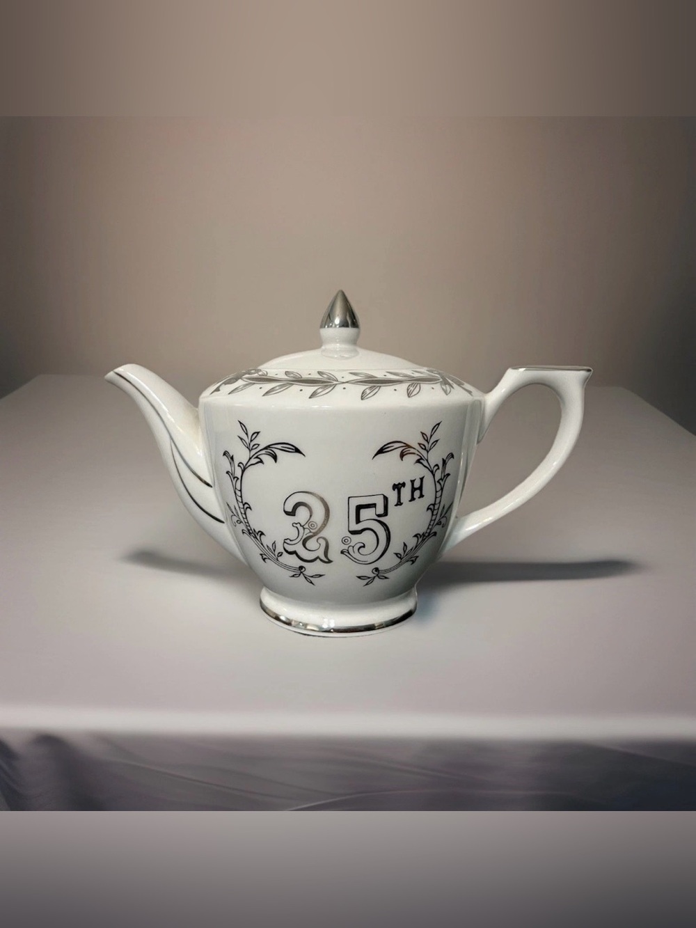 Hand Painted 25th Silver Wedding Anniversary Teapot Porcelain Lefton China 279N